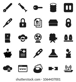 Flat vector icon set - soap vector, sponge, spices, pen, piggy bank, oil barrel, video camera, pause button, thermometer, anamnesis, cloud exchange, lock, browser, connection, key, estate document