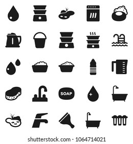 Flat vector icon set - soap vector, scraper, water tap, bucket, sponge, drop, bath, foam basin, kettle, measuring cup, double boiler, bottle, pool, blood, pond, dishwasher, filter