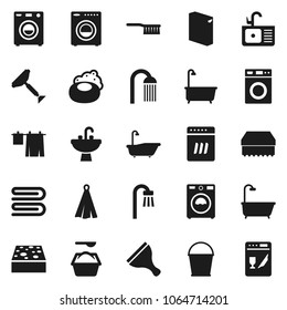 Flat vector icon set - soap vector, scraper, fetlock, bucket, sponge, towel, bath, drying clothes, washer, washing powder, shower, sink, dishwasher