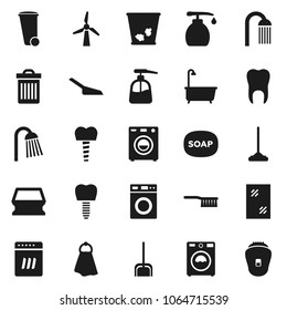 Flat vector icon set - soap vector, fetlock, mop, scoop, sponge, towel, trash bin, window cleaning, bath, washer, liquid, shower, tooth, implant, windmill, dishwasher, epilator