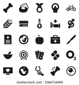 Flat vector icon set - soap vector, diet, bike, target, medal, cereals, breads, heart monitor, bone, oxygen, doctor bag, thermometer, gender sign, pregnancy, scalpel, broken, stethoscope, pills
