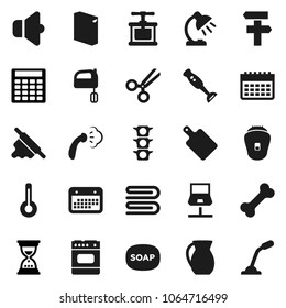 Flat vector icon set - soap vector, towel, steaming, washing powder, cook press, rolling pin, cutting board, mixer, blender, jug, table lamp, calculator, sand clock, calendar, bone, traffic light