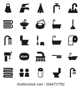 Flat vector icon set - soap vector, plunger, water tap, fetlock, towel, bath, toilet, brush, paper, shower, closet, sink, supply