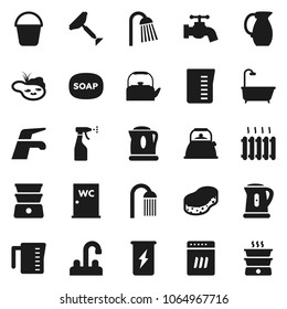 Flat vector icon set - soap vector, scraper, water tap, bucket, sponge, sprayer, shower, closet, kettle, measuring cup, double boiler, jug, enegry drink, pond, bath, heating, dishwasher