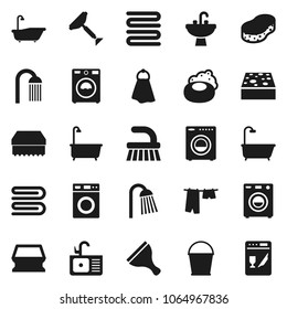 Flat vector icon set - soap vector, scraper, fetlock, bucket, sponge, towel, bath, drying clothes, washer, shower, sink, dishwasher