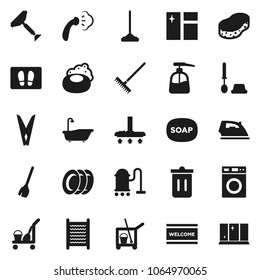Flat vector icon set - soap vector, scraper, cleaner trolley, broom, vacuum, mop, rake, clothespin, sponge, trash bin, window cleaning, welcome mat, iron, steaming, bath, toilet brush, washer