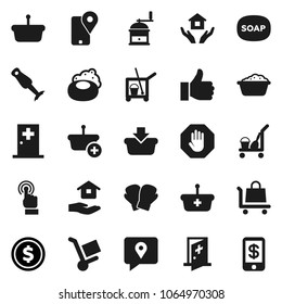 Flat vector icon set - soap vector, cleaner trolley, foam basin, house hold, hand mill, blender, dollar coin, boxing glove, traking, touchscreen, finger up, medical room, stop, basket, tap pay