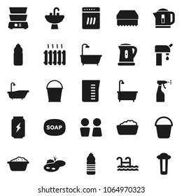 Flat vector icon set - soap vector, bucket, sponge, bath, foam basin, sprayer, water closet, sink, kettle, measuring cup, double boiler, enegry drink, bottle, pond, pool, supply, heating, dishwasher