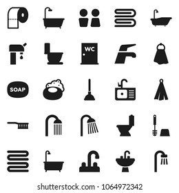 Flat Vector Icon Set - Soap Vector, Plunger, Water Tap, Fetlock, Towel, Bath, Toilet, Brush, Paper, Shower, Closet, Sink, Supply