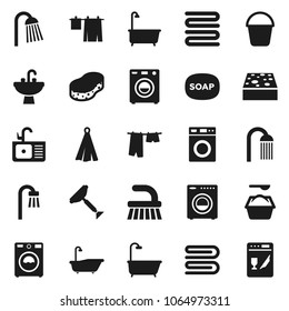 Flat vector icon set - soap vector, scraper, fetlock, bucket, sponge, towel, bath, drying clothes, washer, washing powder, shower, sink, dishwasher