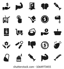 Flat vector icon set - soap vector, cleaner trolley, house hold, hand mill, mixer, blender, chicken leg, dollar coin, investment, trainer, muscule, boxing glove, cargo, touchscreen, finger down