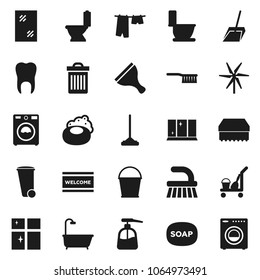 Flat vector icon set - soap vector, scraper, cleaner trolley, fetlock, mop, scoop, bucket, sponge, trash bin, window cleaning, welcome mat, toilet, drying clothes, washer, liquid, shining, tooth