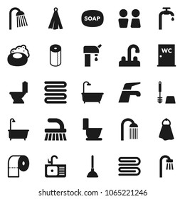 Flat vector icon set - soap vector, plunger, water tap, fetlock, towel, bath, toilet, brush, paper, shower, closet, sink, supply