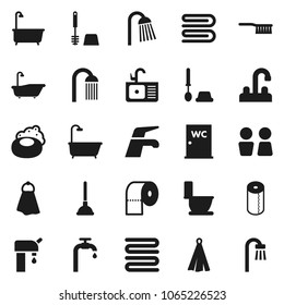 Flat vector icon set - soap vector, plunger, water tap, fetlock, towel, bath, toilet, brush, paper, shower, closet, sink, supply