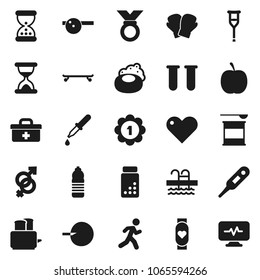 Flat vector icon set - soap vector, toaster, diet, pills vial, boxing glove, skateboard, medal, sports nutrition, heart monitor, water bottle, pool, run, doctor bag, thermometer, gender sign