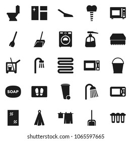 Flat vector icon set - soap vector, cleaner trolley, broom, scoop, bucket, sponge, trash bin, window cleaning, welcome mat, toilet, drying clothes, washer, liquid, shower, towel, microwave oven