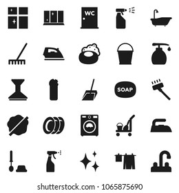 Flat vector icon set - soap vector, cleaner trolley, vacuum, scoop, rake, bucket, car fetlock, shining, splotch, iron, bath, drying clothes, toilet brush, washer, liquid, sprayer, cleaning agent
