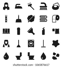 Flat vector icon set - soap vector, plunger, scraper, vacuum cleaner, fetlock, mop, scoop, clothespin, towel, water drop, splotch, iron, toilet, drying clothes, washer, cleaning agent, paper, woman