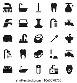 Flat vector icon set - soap vector, water tap, fetlock, mop, sponge, car, bath, toilet brush, liquid, paper, shower, sink, tooth, epilator