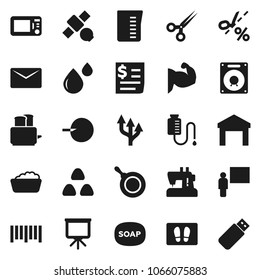 Flat vector icon set - soap vector, welcome mat, foam basin, pan, measuring cup, toaster, cereal, blackboard, presentation, muscule hand, satellite, receipt, warehouse, barcode, insemination, mail