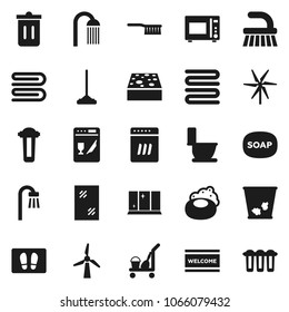 Flat vector icon set - soap vector, cleaner trolley, fetlock, mop, sponge, towel, trash bin, window cleaning, welcome mat, toilet, shining, shower, microwave oven, windmill, bath, dishwasher