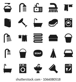 Flat vector icon set - soap vector, scraper, fetlock, bucket, sponge, bath, drying clothes, washer, washing powder, shower, sink, towel, dishwasher