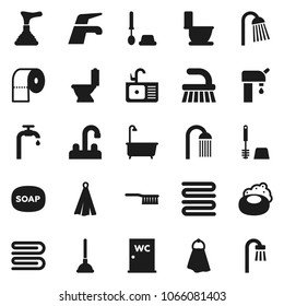 Flat vector icon set - soap vector, plunger, water tap, fetlock, towel, bath, toilet, brush, paper, shower, closet, sink, supply