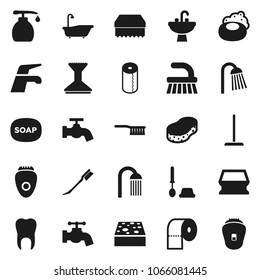 Flat vector icon set - soap vector, water tap, fetlock, mop, sponge, car, bath, toilet brush, liquid, paper, shower, sink, tooth, epilator