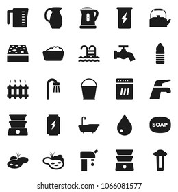 Flat vector icon set - soap vector, water tap, bucket, sponge, drop, bath, foam basin, kettle, measuring cup, double boiler, jug, enegry drink, bottle, pool, pond, supply, heating, dishwasher