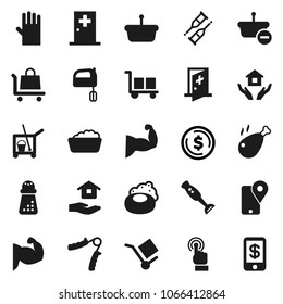 Flat vector icon set - soap vector, cleaner trolley, foam basin, rubber glove, house hold, hand mill, mixer, blender, chicken leg, dollar coin, trainer, muscule, traking, cargo, touchscreen, basket