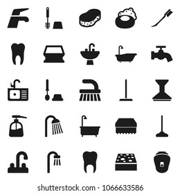 Flat vector icon set - soap vector, water tap, fetlock, mop, sponge, car, bath, toilet brush, liquid, shower, sink, tooth, epilator