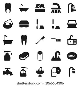 Flat vector icon set - soap vector, fetlock, sponge, water tap, car, bath, toilet brush, liquid, paper, shower, sink, tooth