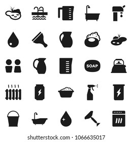 Flat vector icon set - soap vector, scraper, bucket, water drop, bath, foam basin, sprayer, closet, kettle, measuring cup, jug, enegry drink, pool, pond, supply, heating, dishwasher