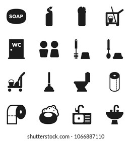 Flat vector icon set - soap vector, plunger, cleaner trolley, toilet, brush, cleaning agent, paper, water closet, sink