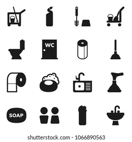 Flat vector icon set - soap vector, plunger, cleaner trolley, toilet, brush, cleaning agent, paper, water closet, sink