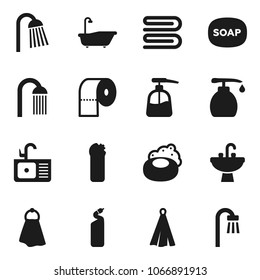 Flat vector icon set - soap vector, towel, bath, liquid, cleaning agent, toilet paper, shower, sink