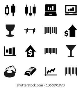 Flat vector icon set - soap vector, graph, gold ingot, japanese candle, laptop, dollar growth, horizontal bar, glass, barcode