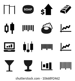 Flat vector icon set - soap vector, graph, gold ingot, japanese candle, laptop, dollar growth, horizontal bar, glass, barcode