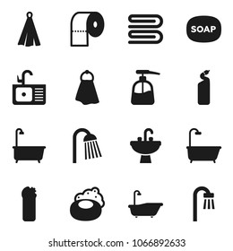 Flat vector icon set - soap vector, towel, bath, liquid, cleaning agent, toilet paper, shower, sink