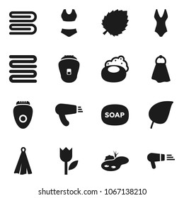 Flat vector icon set - soap vector, towel, leaf, swimsuite, tulip, pond, epilator, hair dryer