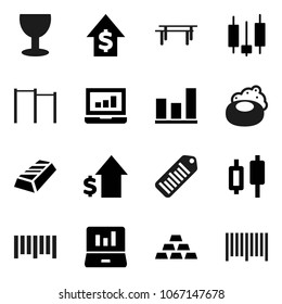 Flat vector icon set - soap vector, graph, gold ingot, japanese candle, laptop, dollar growth, horizontal bar, glass, barcode