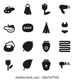 Flat vector icon set - soap vector, towel, leaf, swimsuite, tulip, pond, epilator, hair dryer