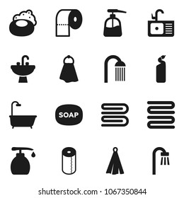 Flat vector icon set - soap vector, towel, liquid, cleaning agent, toilet paper, shower, sink, bath