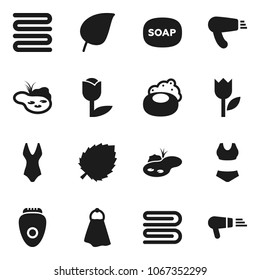 Flat vector icon set - soap vector, towel, leaf, swim suite, tulip, pond, epilator, hair dryer