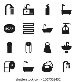 Flat vector icon set - soap vector, towel, bath, liquid, cleaning agent, toilet paper, shower, sink