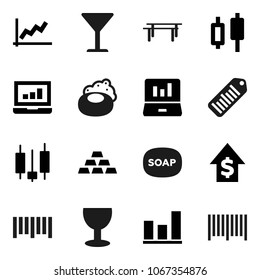 Flat vector icon set - soap vector, graph, japanese candle, laptop, dollar growth, gold ingot, horizontal bar, glass, barcode