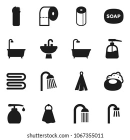 Flat vector icon set - soap vector, towel, bath, liquid, cleaning agent, toilet paper, shower, sink