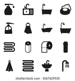 Flat vector icon set - soap vector, towel, bath, liquid, cleaning agent, toilet paper, sink