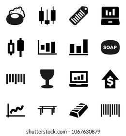 Flat vector icon set - soap vector, graph, gold ingot, japanese candle, laptop, dollar growth, horizontal bar, glass, barcode