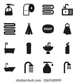 Flat vector icon set - soap vector, towel, bath, liquid, cleaning agent, toilet paper, shower, sink
